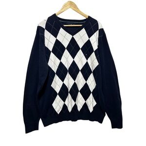 Tommy Hilfiger Men Sweater XXL Navy Argyle Preppy Classic Knit Pullover Academia